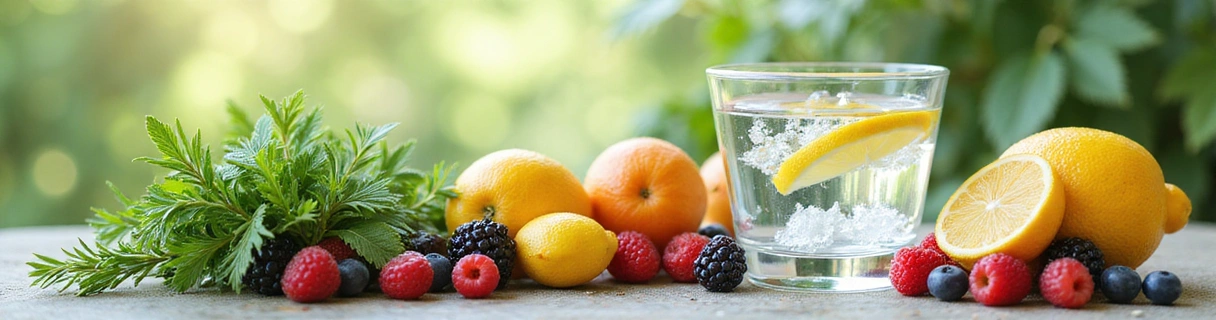 A vibrant image showing various natural health elements like herbs, fresh fruits, and serene water, symbolizing holistic well-being and natural living.