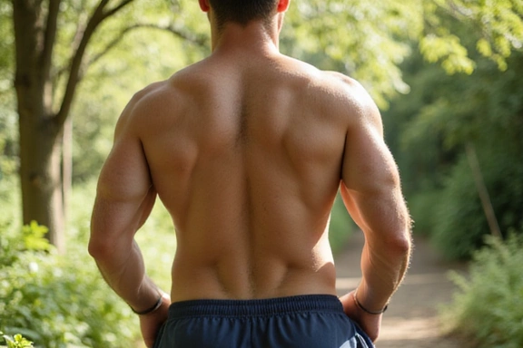 A close-up of a man performing a gentle stretching exercise outdoors, surrounded by nature, symbolizing men's health and flexibility.