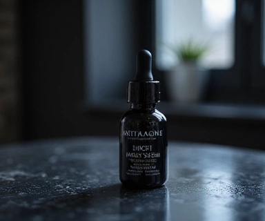 Anti-Aging Night Serum in a dark glass dropper bottle, with subtle light reflections.