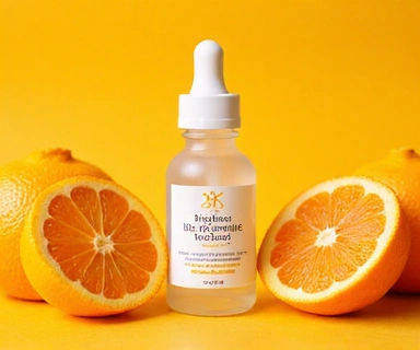 Brightening Vitamin C Serum in a clear dropper bottle, with citrus slices and a vibrant background.